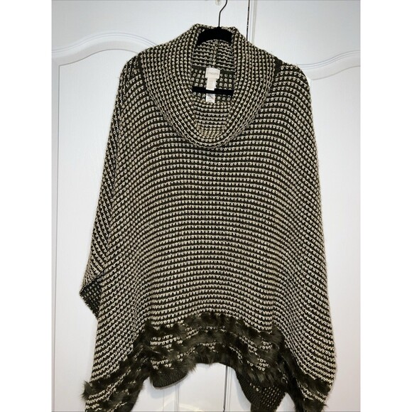 Chico’s Green Gold Shawl One Size OS Net Pullover Crochet Knit Shimmer Faux Fur - Picture 1 of 16